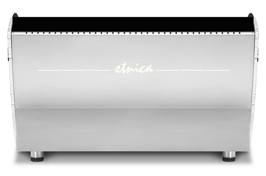 Maquina de café Orchestrale Etnica-Etnica display-Etnica display TT vista trasera 3 grupos E61 automática y/o semi-automática con logo retroiluminado por LED