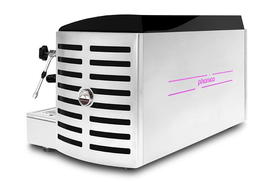 Maquina de café Orchestrale Phonica vista trasera de 3/4 2 grupos automática y/o semi-automática con logo retroiluminado por LED
