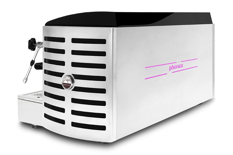 Maquina de café Orchestrale Phonica vista trasera de 3/4 3 grupos automática y/o semi-automática con logo retroiluminado por LED